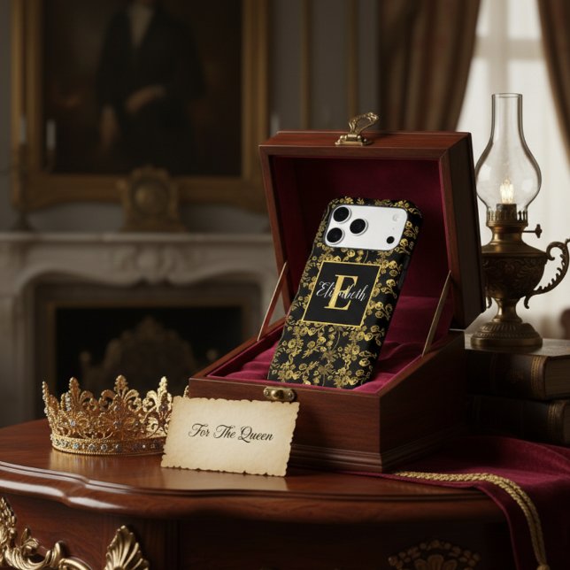 Elegant Monogrammed Gold Floral Black Damask  Case-Mate iPhone Case (Creator Uploaded)