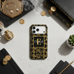 Elegant Monogrammed Gold Floral Black Damask  iPhone 17 Pro Max Case