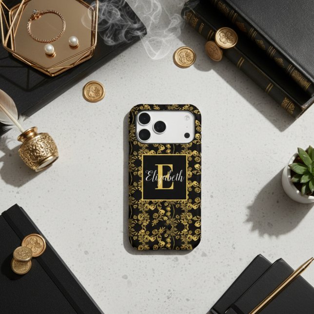 Elegant Monogrammed Gold Floral Black Damask  Case-Mate iPhone Case (Creator Uploaded)