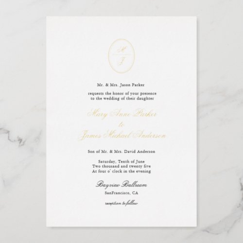 Elegant Monogrammed Gold Foil Formal  Foil Invitation