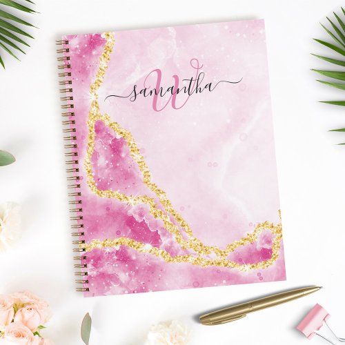 Elegant Monogrammed Gold Glittered Waves Glam Pink Notebook