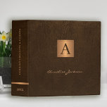 Elegant monogrammed gold modern script office 3 ring binder<br><div class="desc">Luxury chic monogrammed office or school work organizer binder featuring a faux gold copper metallic square and dividers over a stylish dark brown faux leather look (printed) background.                Suitable for small business,  home office,  corporate or independent business professionals,  personal branding or stylists specialists,  managers,  teachers,  students.</div>