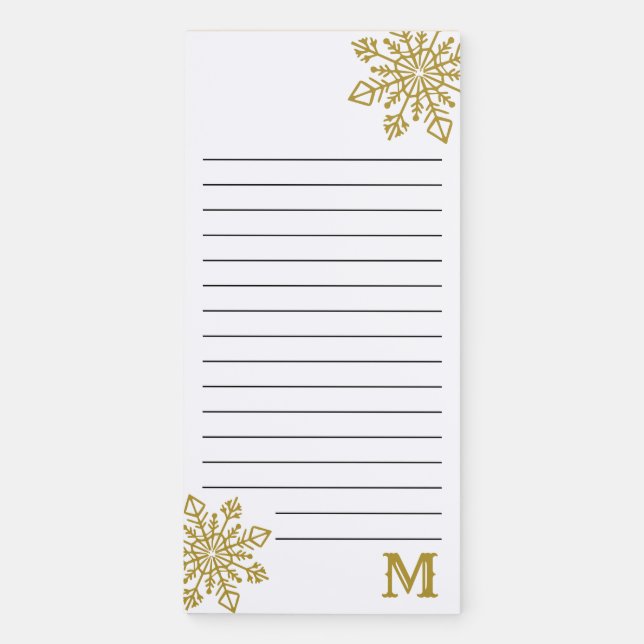 Elegant Monogrammed Gold Snowflake Christmas Magnetic Notepad (Front)