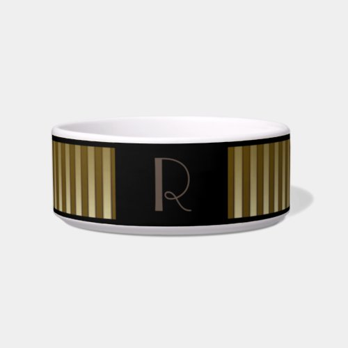 Elegant Monogrammed Gold Striped Pet Bowl