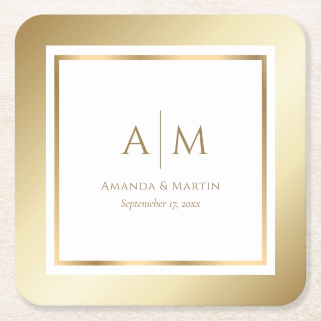 Elegant Monogrammed Gold Wedding Square Paper Coaster (Front)