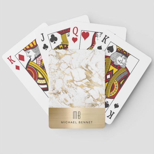 Elegant Monogrammed Gold White Marble Poker Cards (Back)