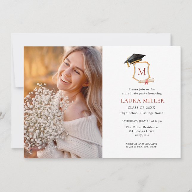 Elegant Monogrammed Graduation photo  Invitation (Front)