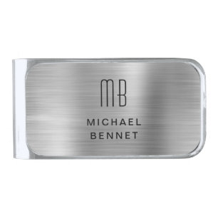 Elegant Monogrammed Gray Silver Finish Money Clip