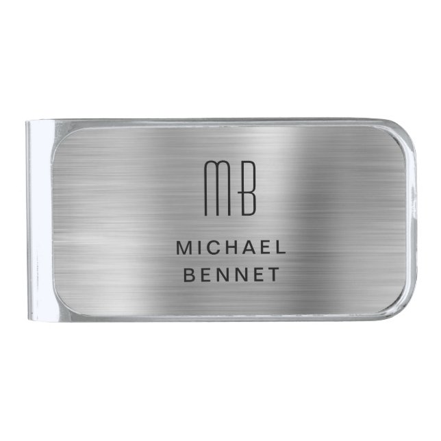 Elegant Monogrammed Gray Silver Finish Money Clip (Front)