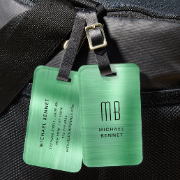 Elegant Monogrammed Green Brushed Metal Luggage Tag