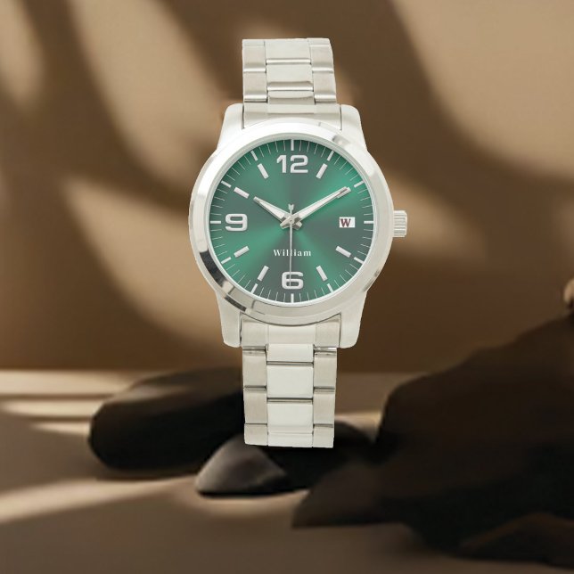 Elegant Monogrammed Green Brushed Metallic Watch (Creator Uploaded)