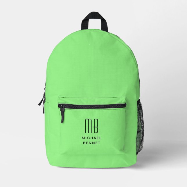 Elegant Monogrammed Green Printed Backpack (Front)