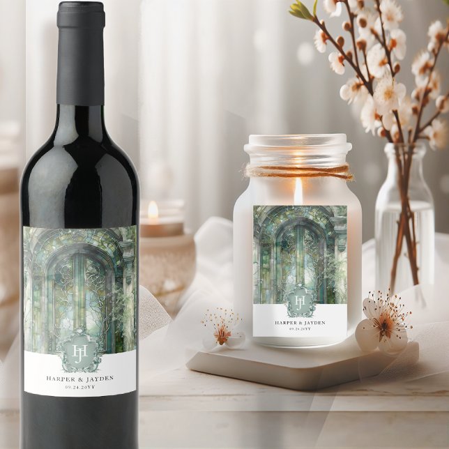 Elegant Monogrammed Green Watercolor Wedding Wine Label (Creator Uploaded)