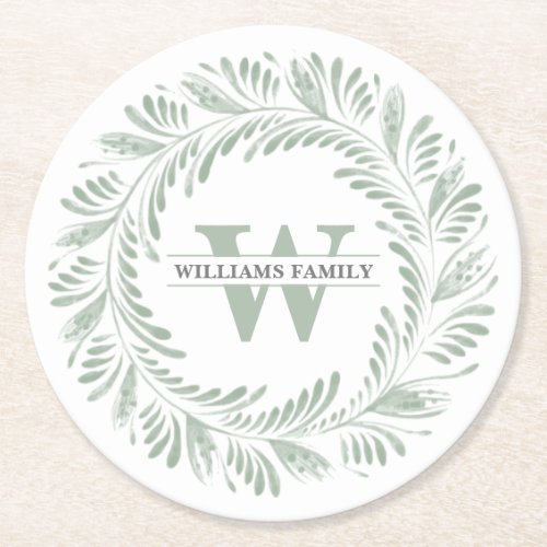 Elegant Monogrammed Greenery Botanical Wreath Round Paper Coaster