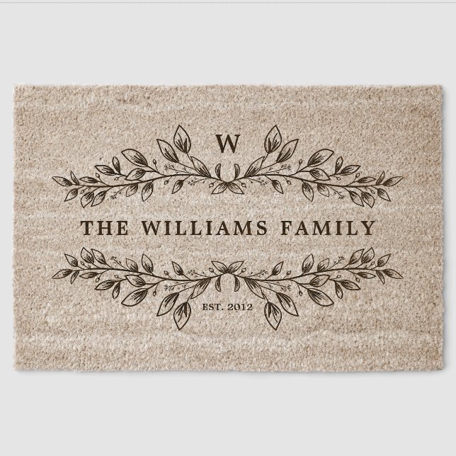 Elegant Monogrammed Hand-Drawn Half Wreath Fiber Doormat (Front)