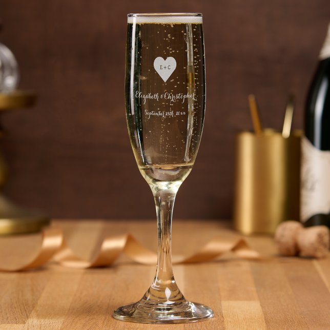 Elegant Monogrammed Heart Wedding Date Bride Groom Champagne Flute (Elegant Monogrammed Heart Wedding Date Bride Groom Champagne Flute)