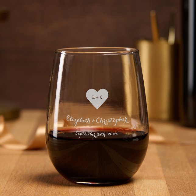 Elegant Monogrammed Heart Wedding Date Bride Groom Stemless Wine Glass (Elegant Monogrammed Heart Wedding Date Bride Groom Stemless Wine Glass)