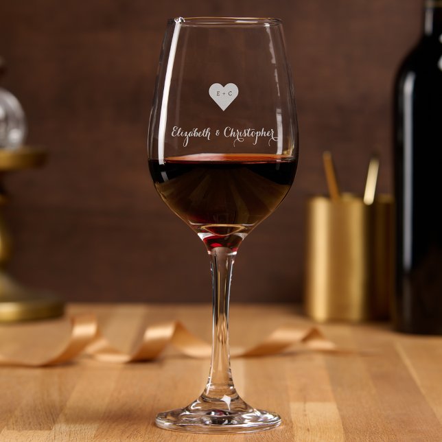 Elegant Monogrammed Heart Wedding Newlywed Couple Wine Glass (Elegant Monogrammed Heart Wedding Newlywed Couple Wine Glass)