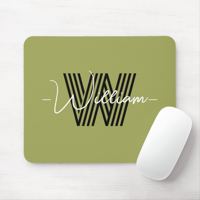 Elegant monogrammed initial and script olive green mouse pad (With Mouse)