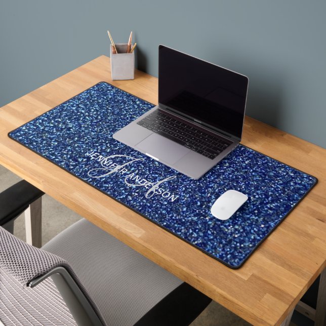 Elegant Monogrammed initial Blue Glitter Desk Mat (Office 2)
