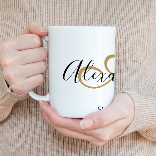 Elegant Monogrammed Initial Name Black Gold Script Coffee Mug