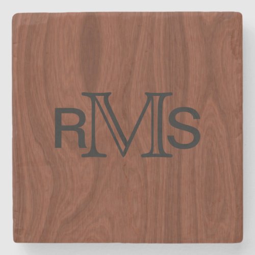 Elegant Monogrammed Initials  Mahogany Wood Grain Stone Coaster
