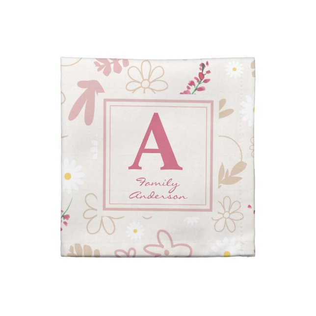 Elegant monogrammed ivory floral pink pastel chic cloth napkin (Quarter Fold)
