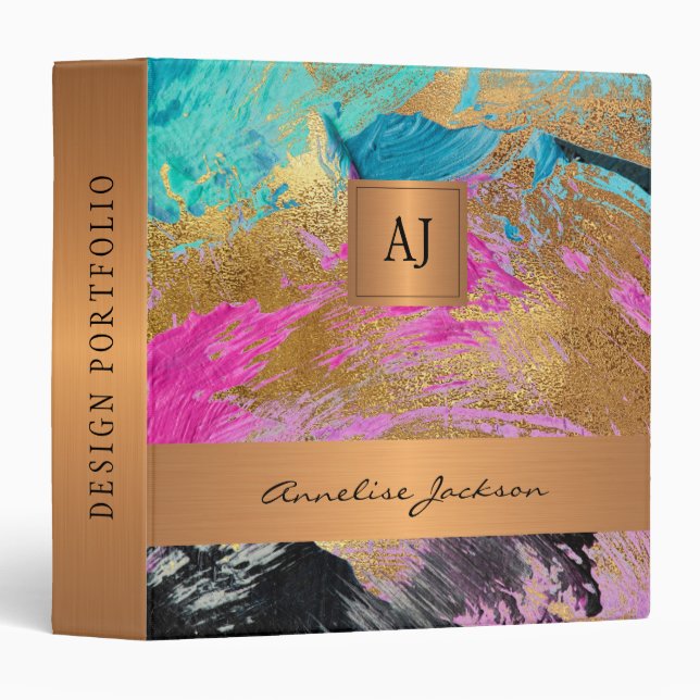 Elegant monogrammed modern gold chic girly artist 3 ring binder (Front/Spine)