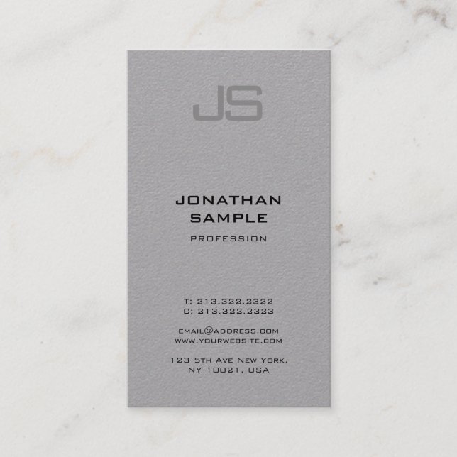 Elegant Monogrammed Modern Vertical Grey Plain Business Card (Front)