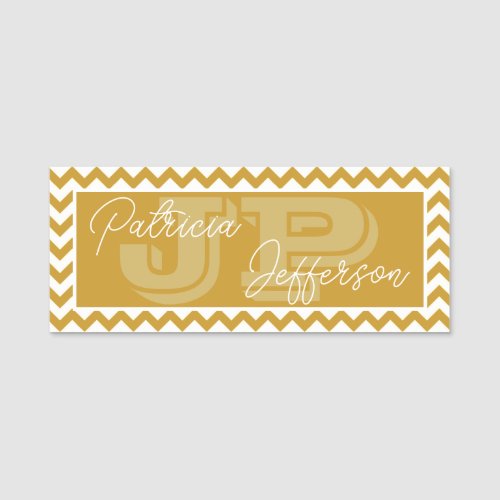 Elegant Monogrammed Mustard Yellow Chevron Pattern Name Tag