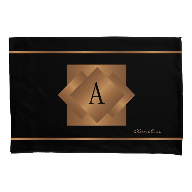 Elegant monogrammed name gold black bedroom pillow case (Front)