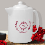 Elegant Monogrammed Name Modern Wreath Magenta Red Teapot<br><div class="desc">Personalize your kitchen with our elegant monogrammed name and initial magenta red & white design featuring a unique laurel wreath and custom text option. All colors in this design including the wreath image may be changed to any color of your choice with the Zazzle design tool. Special vector graphic design...</div>