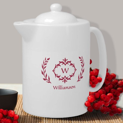 Elegant Monogrammed Name Modern Wreath Magenta Red Teapot