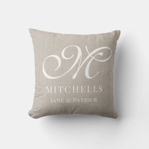 Elegant monogrammed names white rustic linen throw pillow