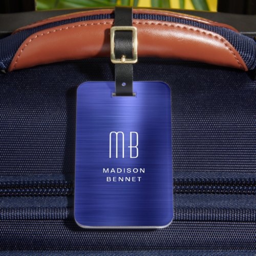 Elegant Monogrammed Navy Blue Brushed Metallic Luggage Tag