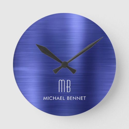 Elegant Monogrammed Navy Blue Brushed Metallic Round Clock