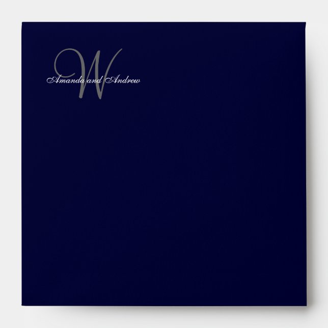 Elegant Monogrammed Navy Blue Gray Wedding Envelope (Front)