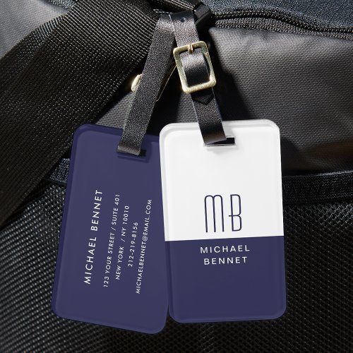 Elegant Monogrammed Navy Blue Luggage Tag