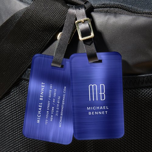 Elegant Monogrammed Navy Blue Metal Luggage Tag