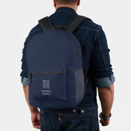 Elegant Monogrammed Navy Blue Printed Backpack
