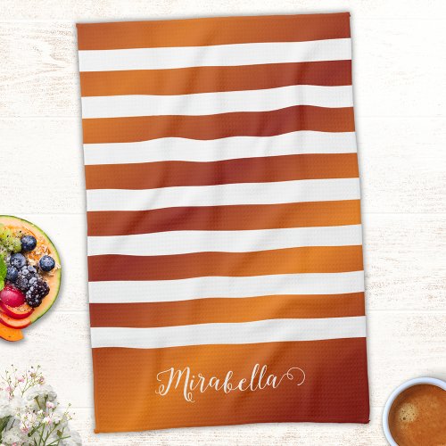 Elegant Monogrammed Orange and White Stripes Kitchen Towel