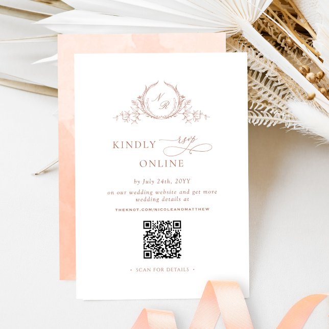 Elegant Monogrammed Peach RSVP Online QR Code  Enclosure Card (Creator Uploaded)