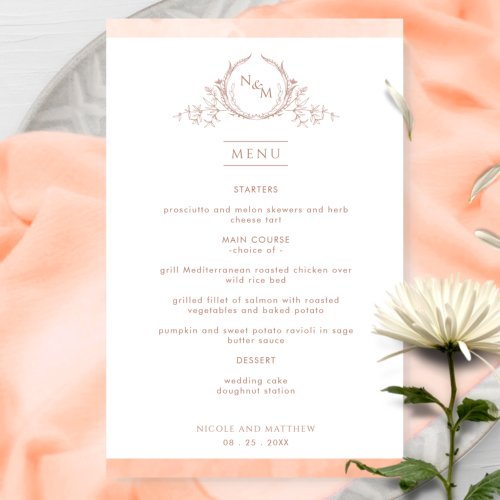 Elegant Monogrammed Peach Watercolor Wedding Menu