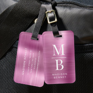 Elegant Monogrammed Pink Brushed Metallic Luggage Tag