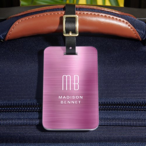 Elegant Monogrammed Pink Brushed Metallic Luggage Tag