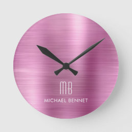 Elegant Monogrammed Pink Brushed Metallic Round Clock