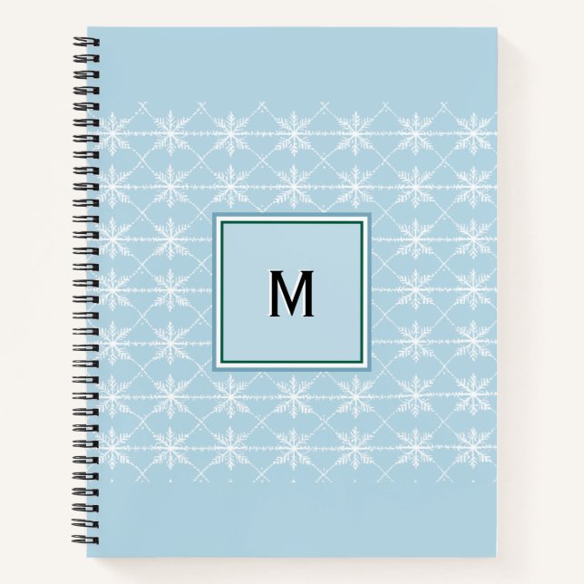 Elegant Monogrammed Powder Blue White Snowflakes Notebook (Front)