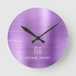 Elegant Monogrammed Purple Brushed Metallic Round Clock