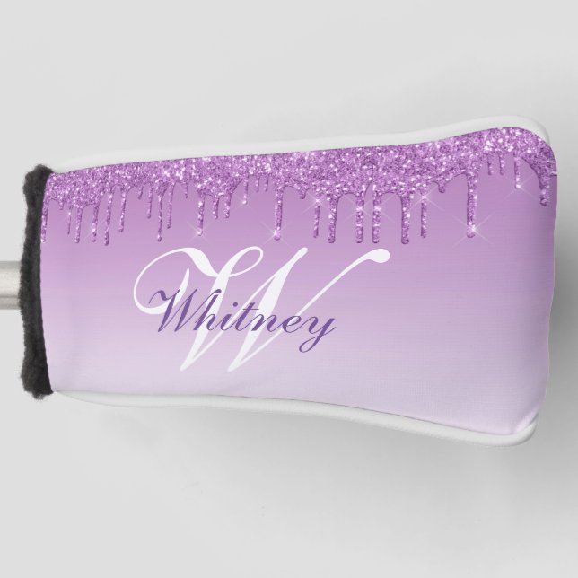 elegant monogrammed purple glitter golf head cover (Front)