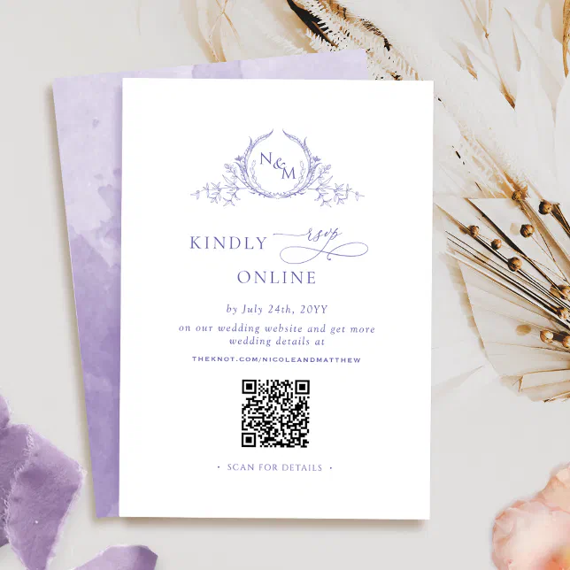 Elegant Monogrammed Purple RSVP Online, QR Code Enclosure Card Zazzle